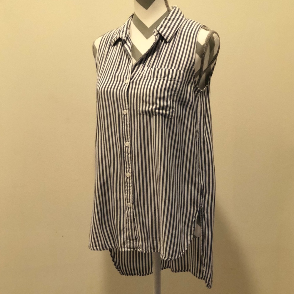 Beachlunchlounge Women's Striped Sleeveless Shirt High Low Button Up Blouse Sz S